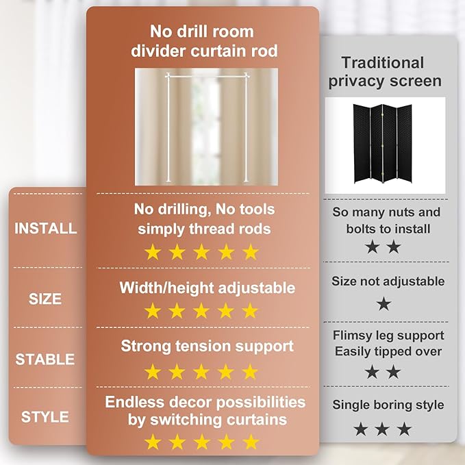 Room Divider, No Drilling Curtain Rod for Room Separation, 4-10ft (H) 28-70inch(W) Adjustable Heavy Duty Floor to Ceiling Partitions, Portable Hanging Wall Dividers Space Separator Window Rods White
