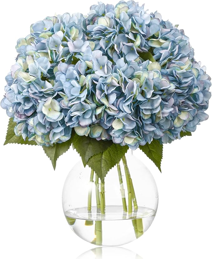 8 Pcs 18 Inch Hydrangea Artificial Flowers Faux Hydrangea Flowers with Stems Fake Bouquet Bulk Realistic Floral for Fall Home Table Christmas Indoor Outdoor Decoration(Blue)