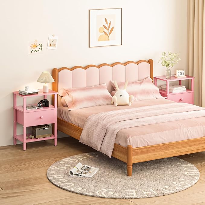 Lerliuo Nightstand Set of 2 with Charging Station and USB Ports, 3-Tier Storage Pink End Table with Drawer Shelf, Night Stand for Small Spaces, Wood Bedside Table for Living Room, Bedroom — Light Pink