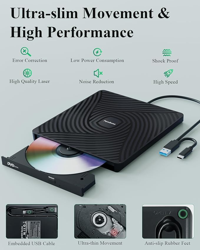PeroBuno External CD DVD Drive, USB 3.0 Type-C Optical Drive, 0.5-inch Ultra-Slim Portable DVD CD ROM Disc Player Reader Writer Rewriter Burner Recorder for Laptop PC MacBook Windows Linux Mac OS