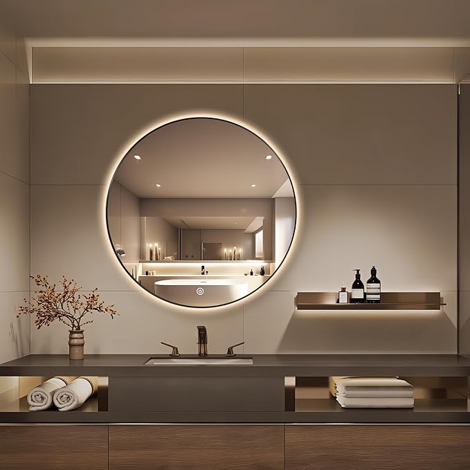 44" Round LED Bathroom Mirror, Wall Mounted Round Backlit Mirror LED Bathroom Vanity Mirror with Lights Fog Free Circle Lighted Mirror with Black Frame, Smart Light up Mirror 3-Color