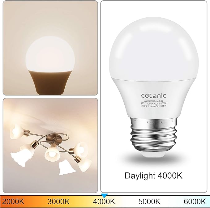 Cotanic 8 Pack A15 LED Ceiling Fan Light Bulbs 4000K Natural Daylight, 6W Small Light Bulb for Chandelier 60W Equivalent, E26 Standrad Base, 600lm, CRI 80+, Non-Dimmable