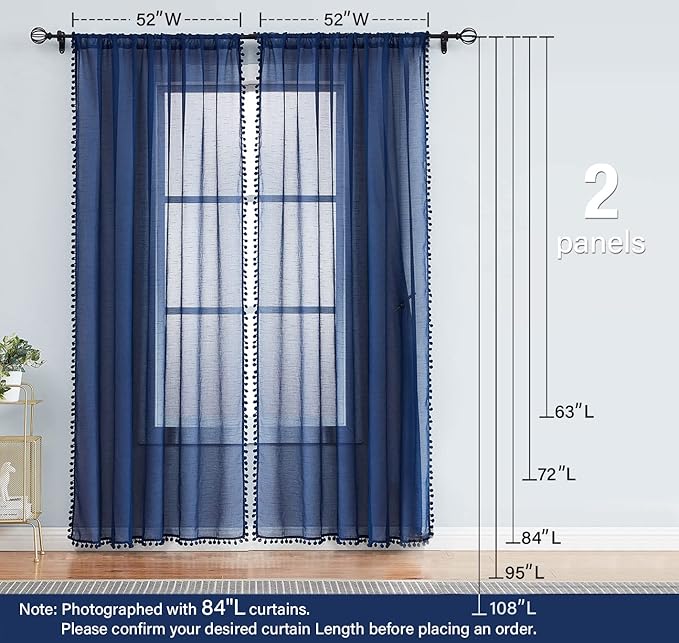 Treatmentex Pom-Pom Blue Sheer Curtains for Bedroom 63" Window Drapes Rod Pocket Textured Sheer Curtain Panels for Boy's Room Navy 52" w 2 pcs