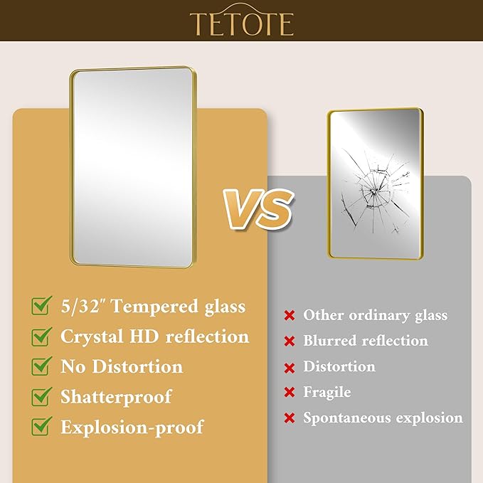 TETOTE 24 x 30 Gold Bathroom Mirror Brushed Gold Metal Framed Vanity Mirror, Tempered Glass, Wall Mounted for Bathroom, Entryway, Bedroom, Living Room(Horizontal/Vertical)