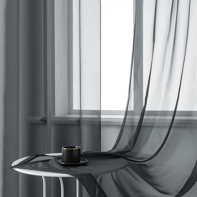 DUALIFE Charcoal Grey Sheer Curtains Grommet,Look Semi Sheer Windows Panels,Elegant Solid Color Touch Soft Drapes, 52X96 Inch for Living Room Bedroom,Set of 2 Panels