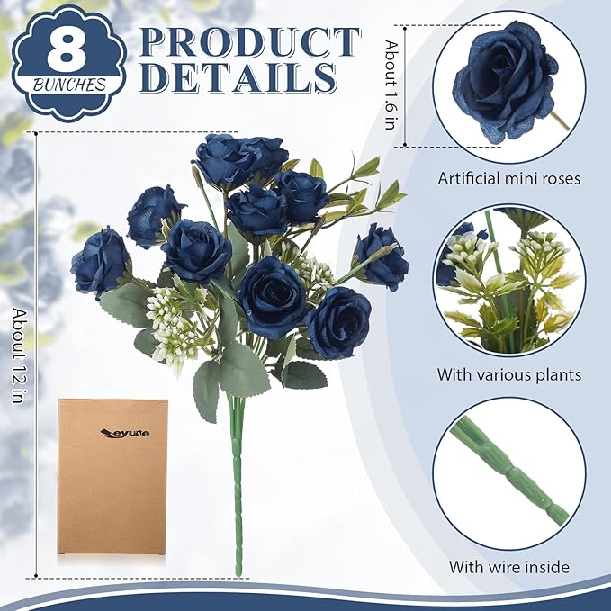 Zeyune 8 Pack 12 Inch Wedding Bouquets for Bride Bridesmaid Dark Blue Artificial Rose Bouquet Fake Silk Roses Flowers Bunches Bulk for Home Office Garden Parties Decoration