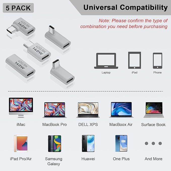 Poyiccot USB C Extension Adapter, 40Gbps Data, 140W Power, 8K Video, 90 Degree USB C Adapter Support for Thunderbolt Devices, Notebook, Tablet & Phone, in White, 5 Pack