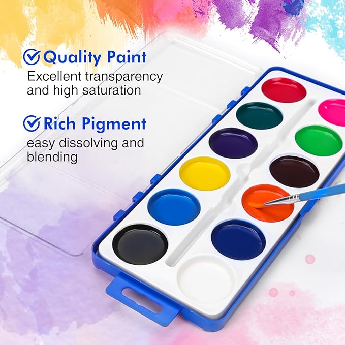 18 Pack Watercolor Paint Set for Kids, 12 Colors Watercolors Paints with Paint Brush, Kids Watercolor Paint Set for Party Favor, Classroom.