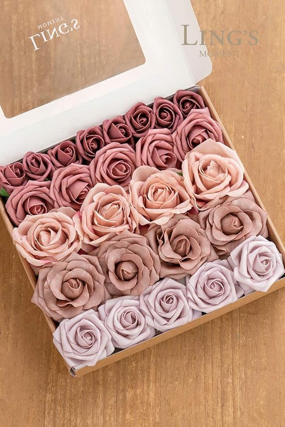 Ling's moment Artificial Flowers Fake Silk Roses Faux Foam Flower Combo for DIY Wedding Bouquets Centerpieces Arrangements Bridal Shower Party Home Decorations, Dusty Rose & Cinnamon Rose, 26pcs