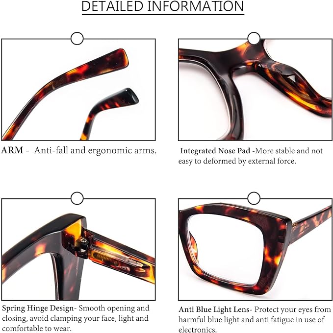 REAVEE Oversized Square Reading Glasses Oprah Style for Women, Blue Light Blocking Large Frame Computer Readers Spring Hinge