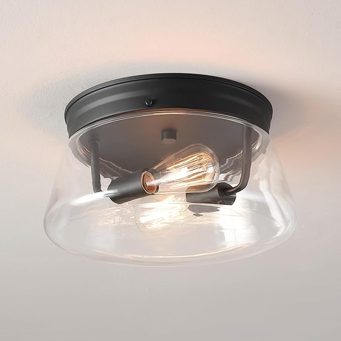 GLOBE Electric 44777 Aleyna 2-Light Outdoor Flush Mount Ceiling Light, Matte Black, Clear Glass Shade, Bulb Not Included
