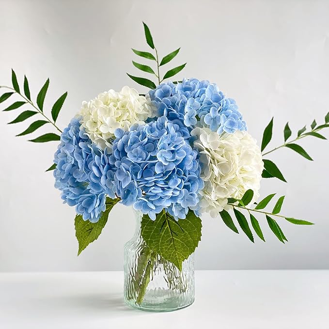 YalzoneMet Hydrangea Artificial Flowers 4 Pcs 2 White 2 Light Blue 21 inch Long Rod Real Touch Lifelike Fake Latex Hydrangea for Home Party Outdoor Wedding Gifts Christmas Decor Table Centerpiece