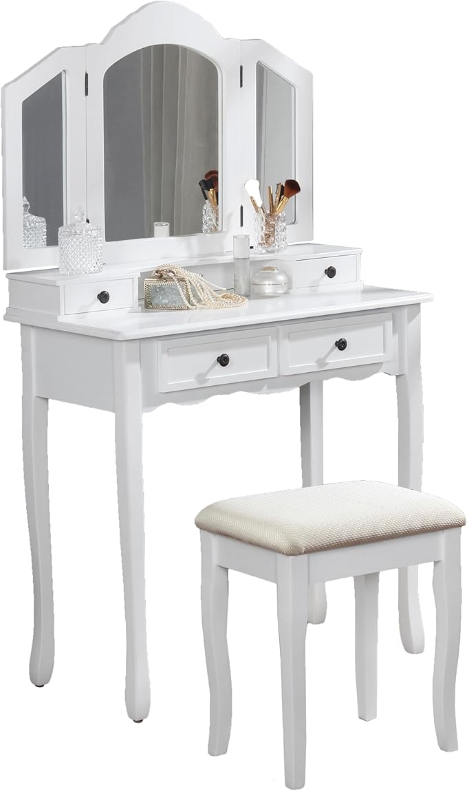 Roundhill Furniture Sanlo Wooden Vanity | Make Up Table and Stool Set | White