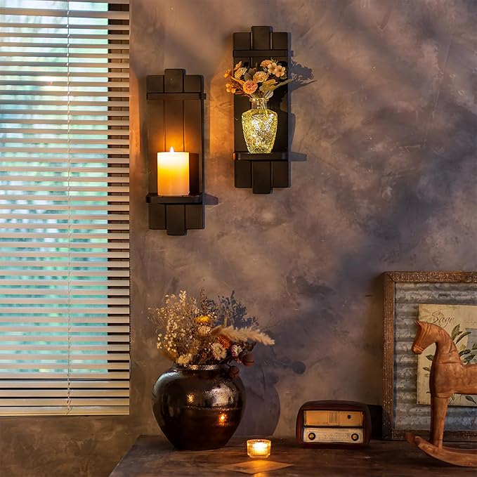 Candle Sconces Black Wall Decor Set of 2 - Wood Wall Candle Holders Set of Two for Small Vase Pillar Candles Tealight - Gothic Distressed Decor for Halloween