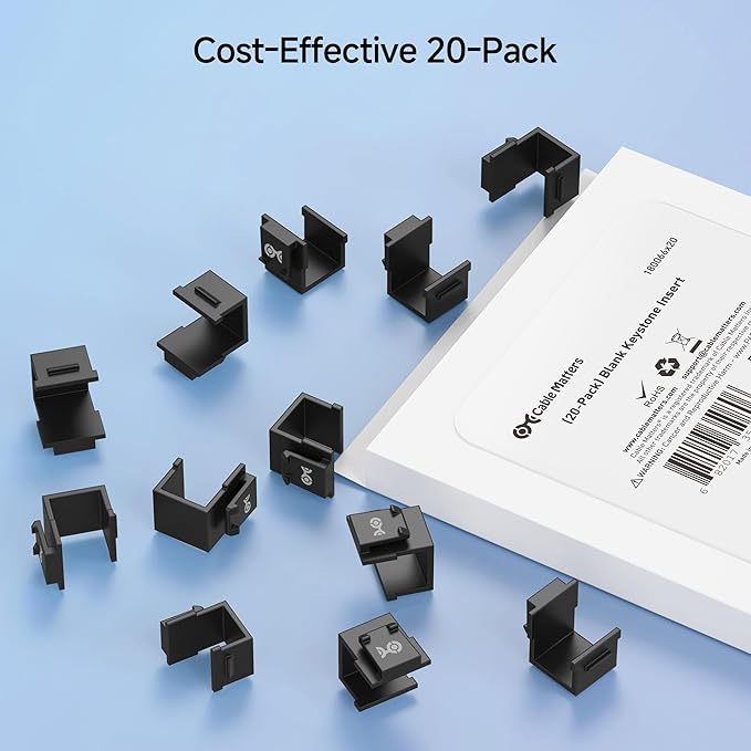 Cable Matters 20-Pack Blank Keystone Jack Inserts in Black, Blank Inserts for Keystone Wall Plates/Patch Panels
