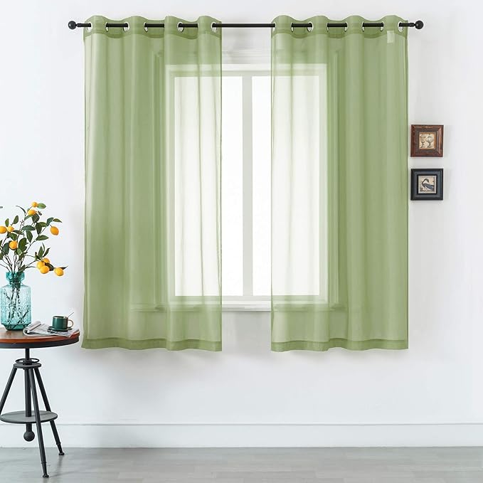 DUALIFE Sage Green Sheer Curtains 45 Inch Length for Kitchen Window 2 Panels Set Home Decoration Spring Window Treatments for Living Room Bathroom Dining Room St Patric Day Decor 52X45 Inhces Long