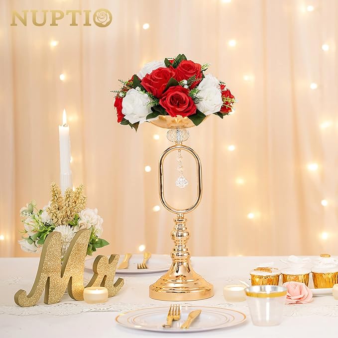 NUPTIO Pcs of 6 Fake Flower Ball Arrangement Bouquet,15 Heads Plastic Roses with Base, Suitable for Our Store's Wedding Centerpiece Flower Rack for Parties Valentine's Day Home Décor (Red & White)