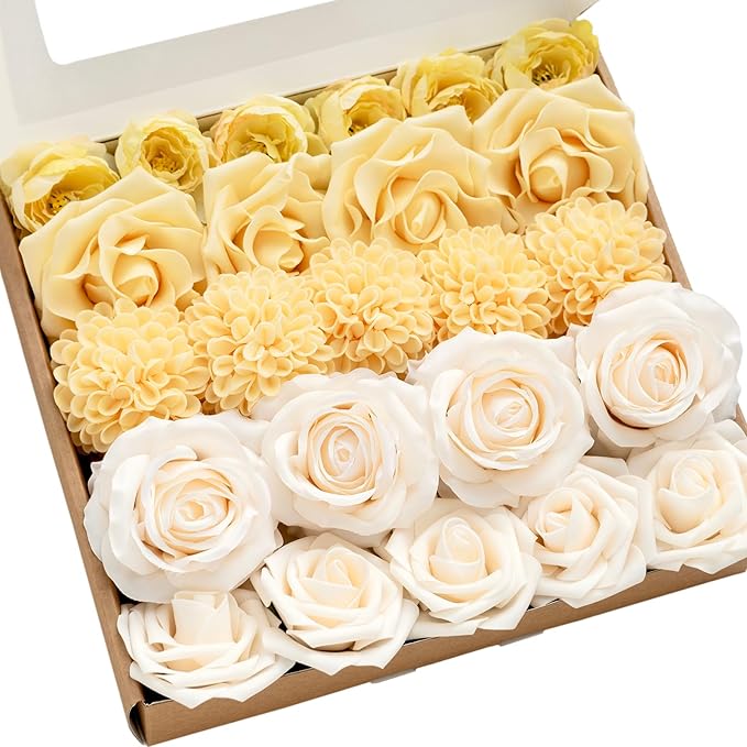Ling's Moment Artificial Flowers Fake Silk Roses Faux Foam Dahlia Combo for DIY Wedding Bouquets Centerpieces Arrangements Bridal Shower Party Home Decorations, Creamy Yellow & Cream, 24pcs
