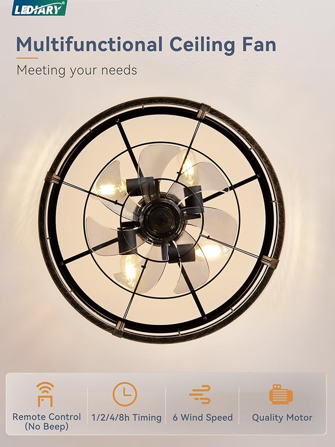 LEDIARY 20 Inch Fandelier Caged Ceiling Fan with Light, Bladeless Ceiling Fan with Remote, Small Farmhouse Fan Lights Ceiling Fixtures for Kitchen, Bedroom-Black and Gold