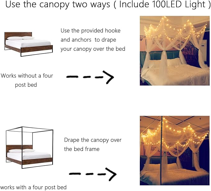 Comtelek 8 Corner Bed Canopy with 100 LED Star String Lights Battery Operated, Bed Netting Unique Style 4 Door Square Canopy Bed Curtains Canopy - Suggested for Twin Full Queen King Bed