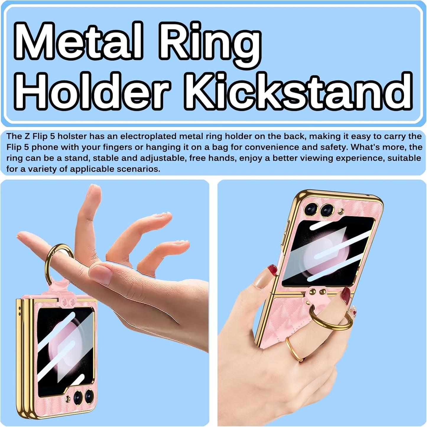 Miimall Leather Case with Ring for Samsung Z Flip 5 5G, Pink, Back Screen Protector + Metal Ring Holder Kickstand
