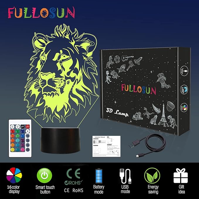 FULLOSUN Lion Night Light, King Lion Gift 3D Illusion Lamp for Kids Bedside Lamp with Remote Control 16 Color Changing Xmas Halloween Birthday Gift Cool Room Decor for Child Baby Boy