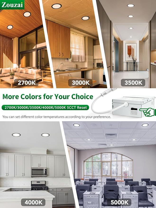 zouzai 12 Pack 8 inch 18W Eqv 150W 1685LM 5CCT Ultra-Thin LED Recessed Ceiling Light with Junction Box, 2700K/3000K/3500K/4000K/5000K Selectable,Dimmable 5%-100% - ETL and Energy Star Certified