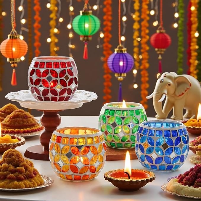 SHMILMH Mosaic Candle Holders Set of 4, Handmade Glass Tealight Votive Holders, Vibrant Red Yellow Blue Green for Diwali Christmas Wedding Party Decor, Year-Round Festive Centerpiece