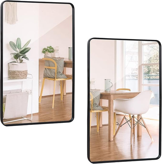 SUPER DEAL 24x36 Inch Black Wall Mirror for Bathroom, Wall Mounted Rectangular Entryways Decor Vanity Mirrors with Stainless Steel Metal Frame and Rounded Edge (2)