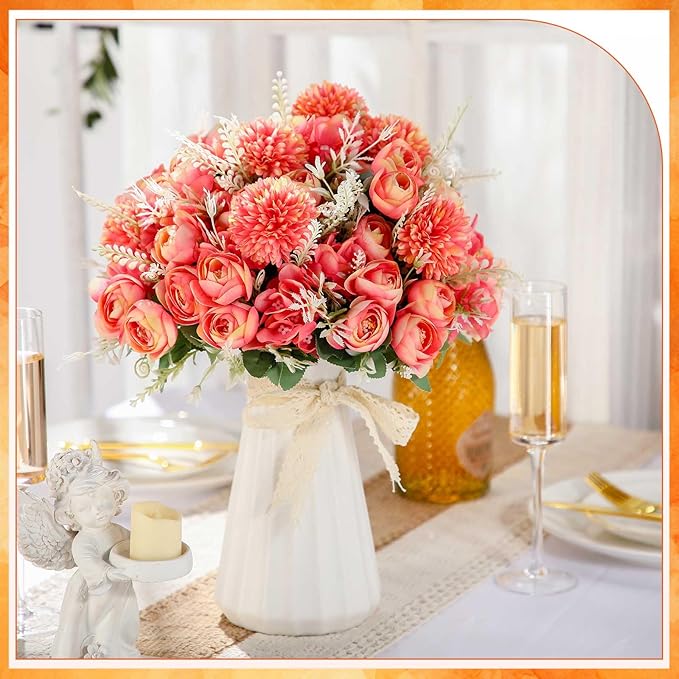 Tigeen 12 Bundles Peonies Artificial Flowers Faux Roses Silk Flowers Hydrangea Artificial Bouquet for Wedding Table Centerpiece Floral Vase Home Office Bridal Decor (Watermelon Red)
