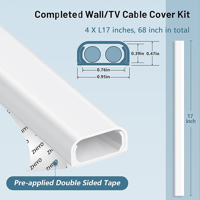 Cable Hider Raceway Kit, Wire Hiders for TV on Wall 68in (4X L17in), Paintable Cord Cover Channel, Cord Hider for Wall Mounted TV in Home Office, W0.95in X H0.47in, Black