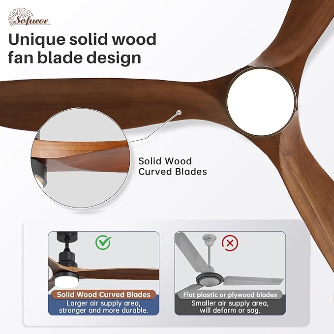 Sofucor 60 Inch Ceiling Fans with Lights, Walnut Solid Wood Ceiling Fan with Light Remote Control, Indoor/Outdoor Ceiling Fan with Reversible DC Motor, 3 Blade Fan Light for Bedroom Patio Farmhouse