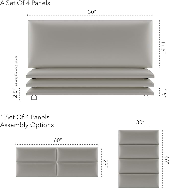 Vänt Upholstered Wall Panels - Queen/Full Size Wall Mounted Headboards - Metallic Neutral Champagne - Set of 4 Panels (Each Individual Panel 30"x11.5")