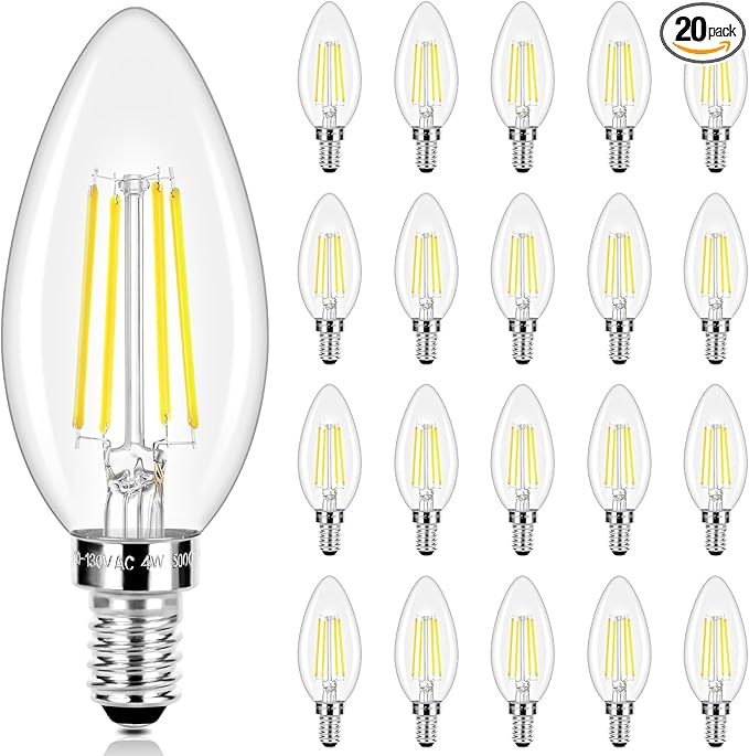LED Candle Bulbs 40W Equivalent, E12 Candelabra Light Bulbs 4W 470Lm Clear Edison LED Bulb, Daylight White 5000K B11 Classic Bright Filament Bulb, Dimmable Decorative Bulbs for Lamps, Pack of 20