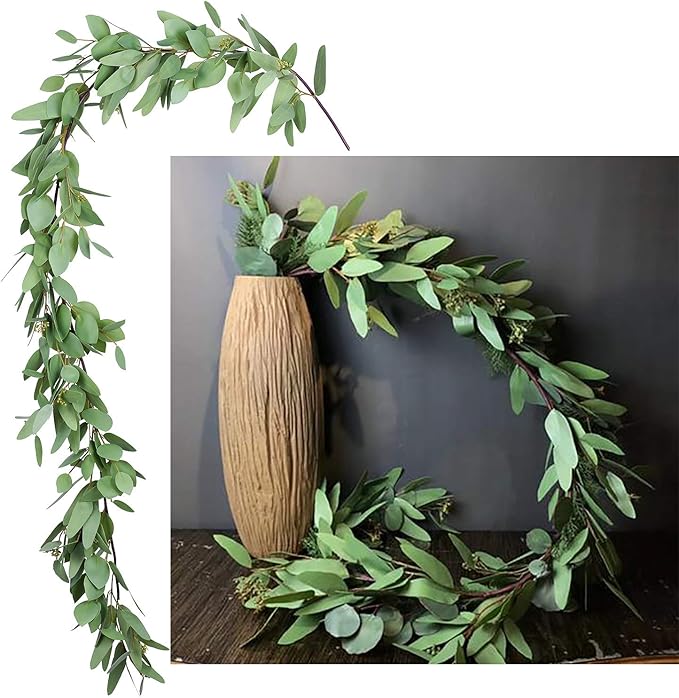 DearHouse 5.5ft Seeded Eucalyptus Garland, Artificial Vines Faux Eucalyptus Leaves Table Garland Artificial Greenery Wedding Backdrop Arch Wall Decor
