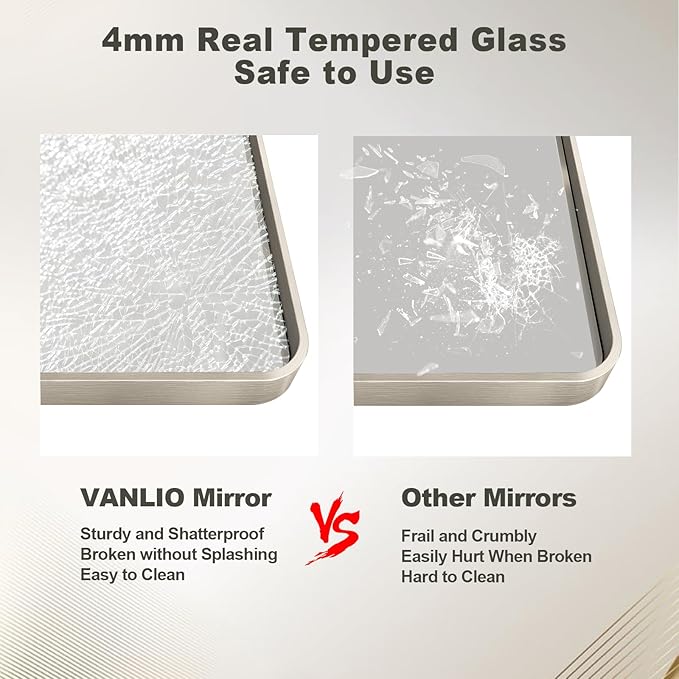 22x30 Inch Brushed Nickel Bathroom Mirror, Brushed Silver Metal Framed Wall Mirror, Rounded Corner Rectangle Modern Vanity Mirror, Tempered Glass, Anti-Rust, Shatterproof (Horizontal/Vertical)