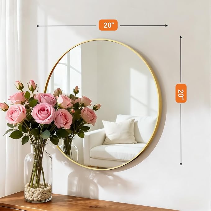 Sweetcrispy Round Bathroom Mirror 20 Inch Gold Metal Framed Wall Mounted Circle Vanity Mirror for Bathroom, Bedroom, Living Room, Entryway, Anti-Rust, Modern Decorative, Hanging or Leaning