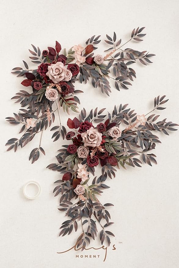 Ling's moment 2PCS Artificial Floral Swags Centerpieces Burgundy Wedding Flower Greenery Arrangements for Sweetheart/Head Table Decor Car Wall Window Arch Garden Decor Burgundy & Dusty Rose Maroon