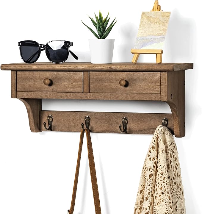 Emfogo Coat Hooks Mounted, Rustic Wood Coat Rack Mount Shelf with Hooks, Farmhouse Coat Rack with Shelf & Coat Hook for Entryway, Mudroom, Bedroom, Kitchen, Bathroom(Walnut)