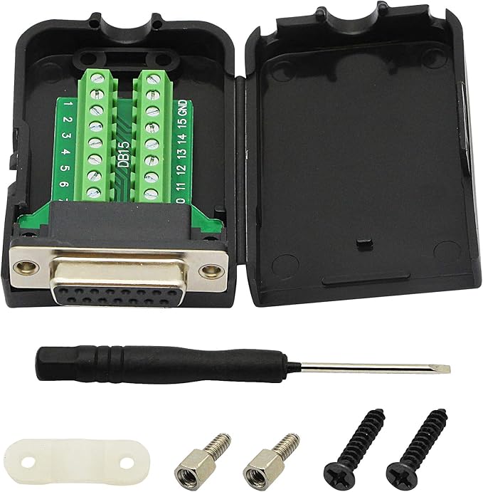 CERRXIAN DB15 Breakout Connector, Serial Female to DB15 Screw Terminal Signal Module with Plastic Case & Accessories (Black)