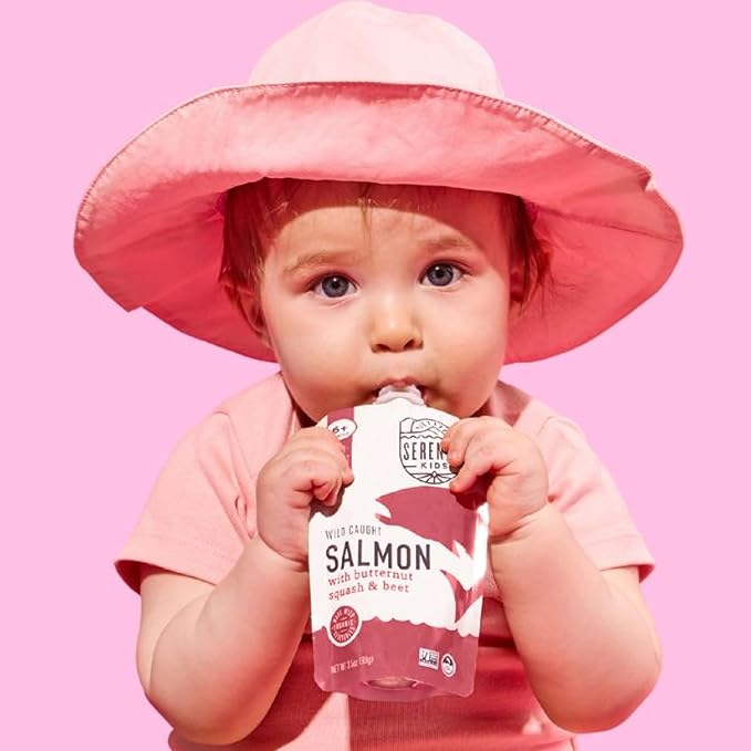 Serenity Kids 6+ Month Salmon Baby Food Pouches - Wild-Caught Salmon & Organic Butternut Squash & Beet Puree - BPA-Free Food Pouches for Baby - 3.5 Oz, 12 Pack