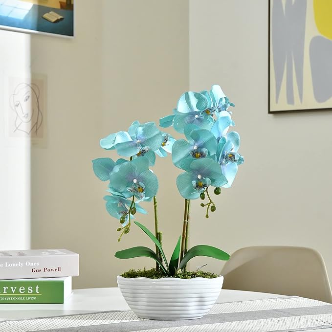 Large Artificial Potted Orchid Plant, Silk Flower Arrangement with Ceramics Vase, Golden Blue