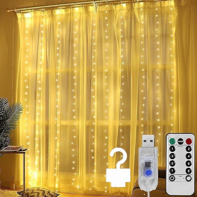 Meliven 300 LED Curtain Lights 9.8Ftx9.8Ft, 8 Modes Fairy Lights Curtain with Remote, Timer, Dimmable, USB Powerd, Warm White Backdrop Light for Wedding, Party, Home, Bedroom Decorations