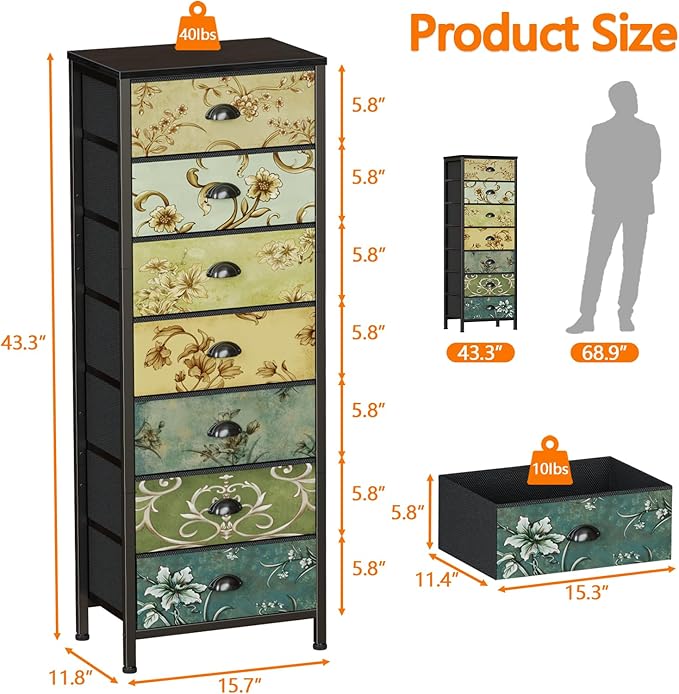 Furnulem Tall Dresser for Bedroom with 7 Fabric Drawers, Vintage Dressers & Chest of Drawers, Vertical Storage Tower Organizer Unit Retro Bedside Furniture in Closet,Living Room,Nusery,Dorm,Entryway