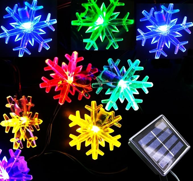 Solar Christmas String Lights Outdoor Waterproof 36ft 60 LED 8 Modes Solar Fairy Snowflake Powered String Lights for Garden Patio Yard Home Christmas Tree Parties(Snowflake-Multicolor-60LED)