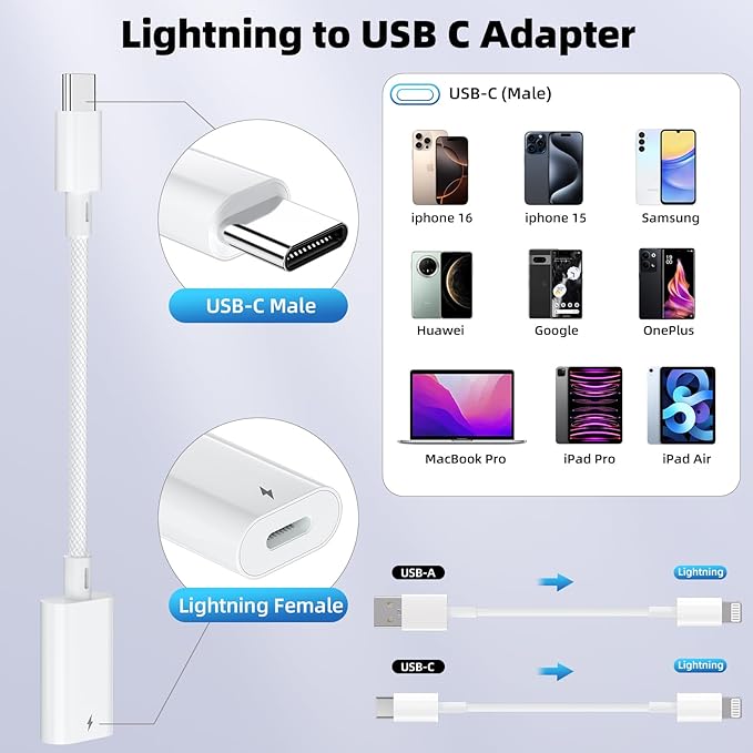 Vcddom 2 Pack Lightning to USB C Adapter, USB Type C Male to Female Lightning Adapter with Fast Charge Data Transfer for iPhone 17/17 Pro/16, iPad Pro, iPad Air 6/5, Galaxy S25/S24 (Not for Audio)
