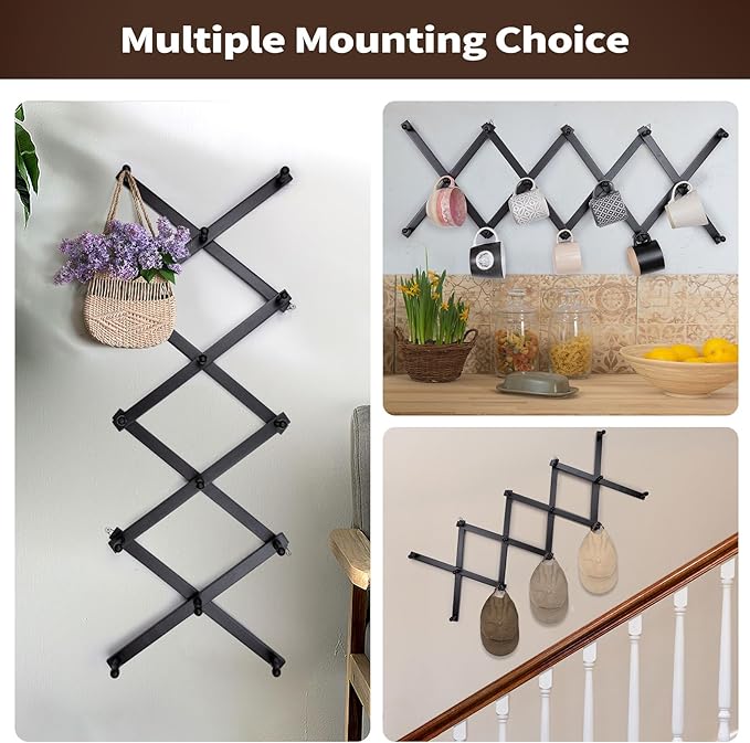 Wall Rack with 14 Hooks, Wooden Wall Expandable Coat Rack for Coat, Hats, Baseball Caps, Coffee Mug, Jewelry(Black)
