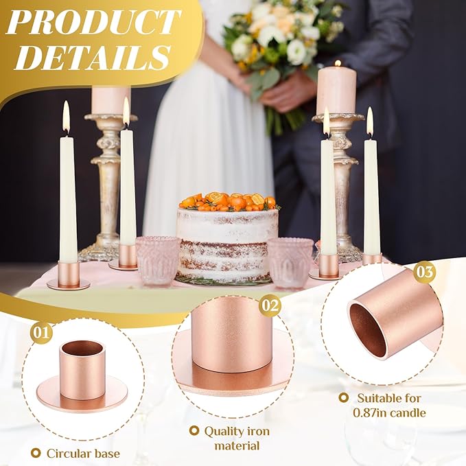 24 Pcs Rose Gold Taper Candle Holders Bulk for Pillar Candles Metal Short Candlestick Holder Rose Gold Centerpieces Decoration for Christmas Thanksgiving Anniversary Dinner Party