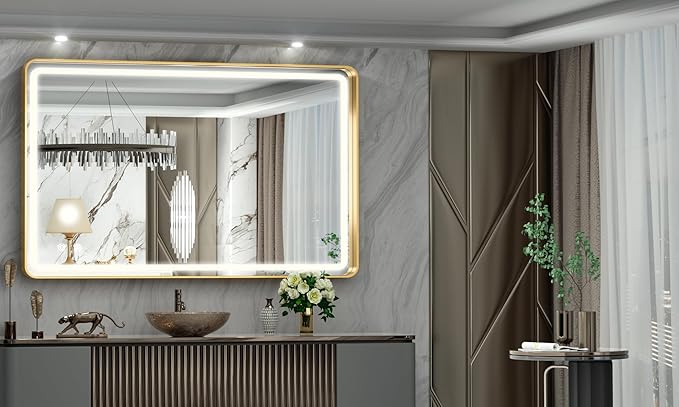 Hasipu LED Bathroom Mirror with Lights 40 x 26 Inch, Gold Metal Frame Light Mirror for Vanity Shaving, Wall Mounted Rounded Rectangle Mirror Anti-Fog, Dimmable, 3 Colors (Horizontal/Vertical)