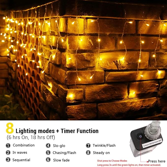 Toodour Christmas Icicle Lights Outdoor, 360 LED 29.5ft 8 Modes Fairy Icicle String Light with 60 Drops, Led Christmas Lights Twinkle for Holiday, Party, Wedding, Eaves, Xmas Decorations (Warm White)
